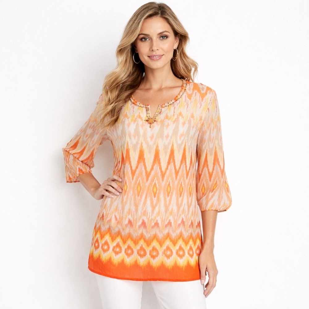 Alfred Dunner Orange Yellow Ikat Bohemian Hippie Festival Flowy Blouse Size 16